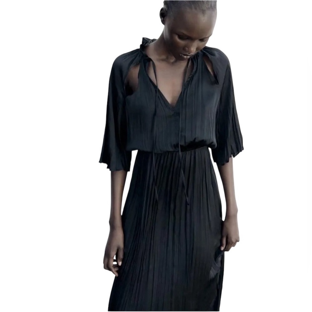 Zara Black Pleated Midi Dress with Keyhole Tie Neck Size S NWT